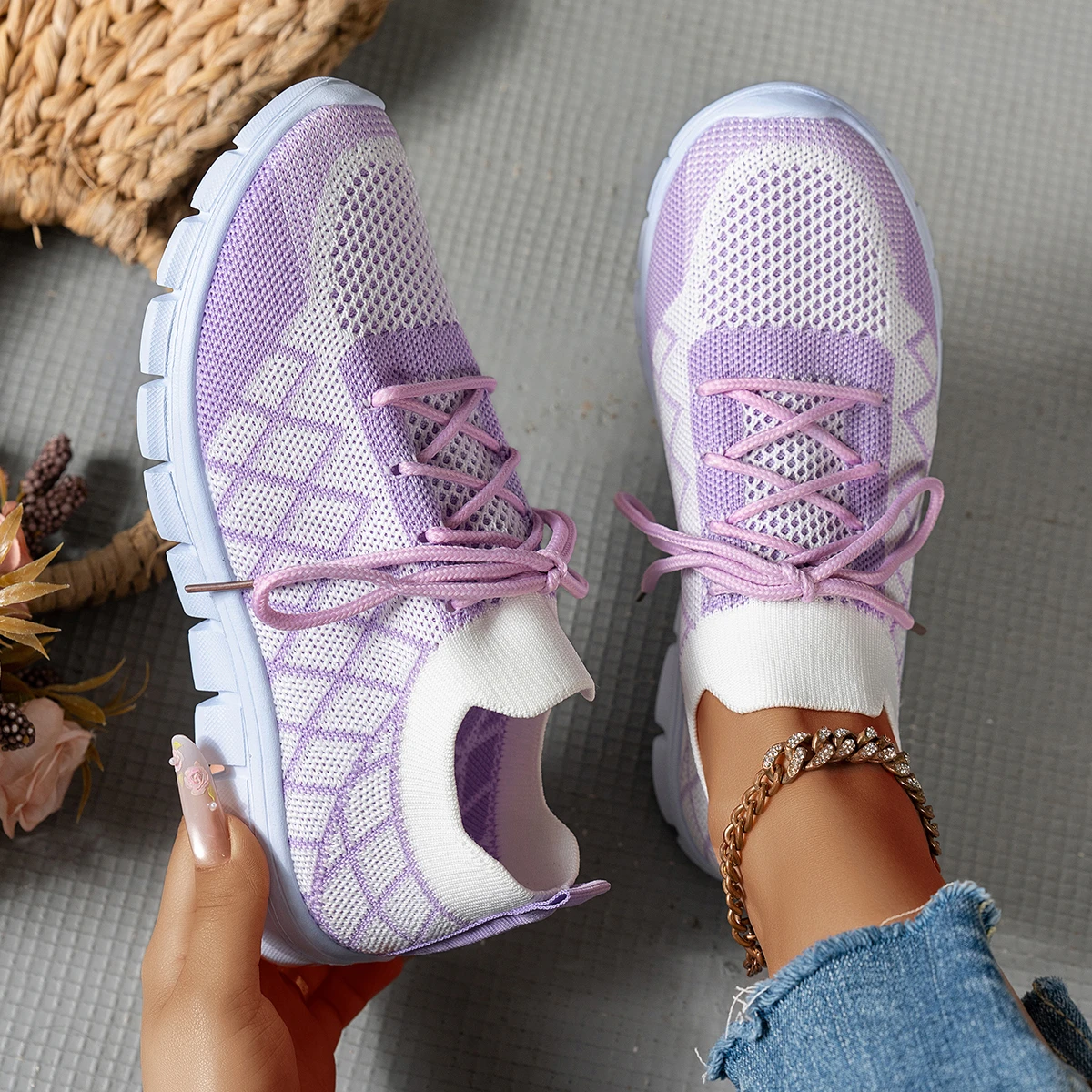 Baskets en tricot pour femmes, - Knit Fabric Lace Up Sneakers avis et prix